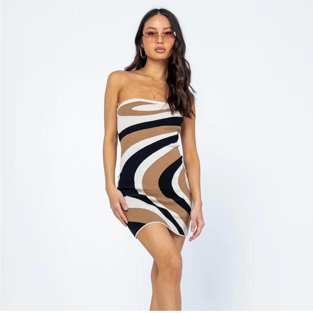 Bailey Rose Brown and Black Striped Strapless Dress
